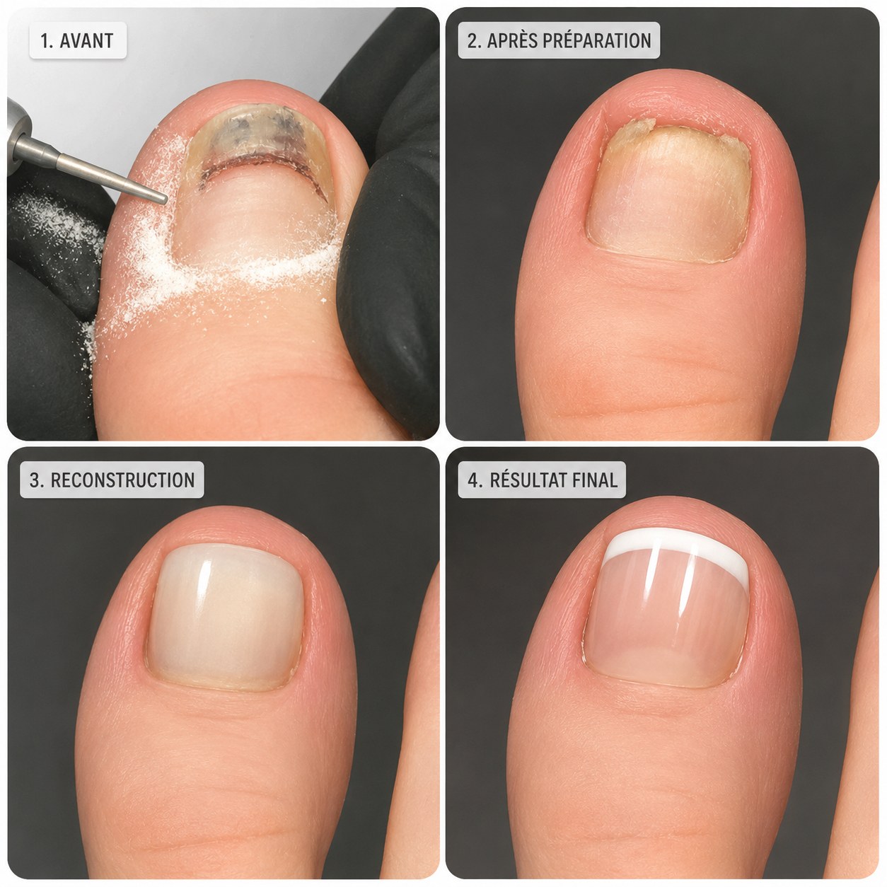 Étapes de reconstruction d'ongle : avant, préparation, reconstruction, résultat final